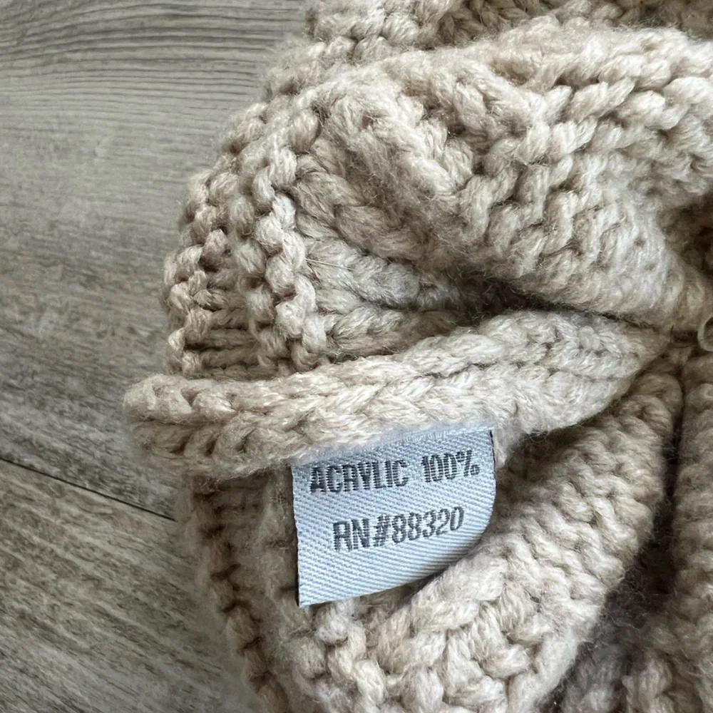 CC Beige Cable Knit Pom Pom Beanie Faux Fur Winter Hat Chunky OS